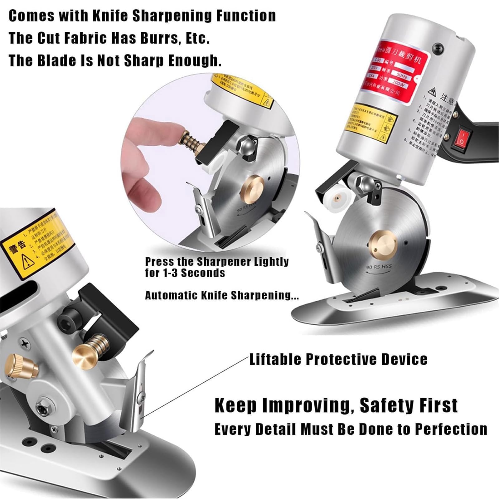 Electric Round Knife Cutting Machine, 200w Electric Fabric Circular Knife Cutter with 90mm Blade & 30mm Cutting Thickness, Self-Sharpening Convenience, for Craft Sewing, Textile, Leather