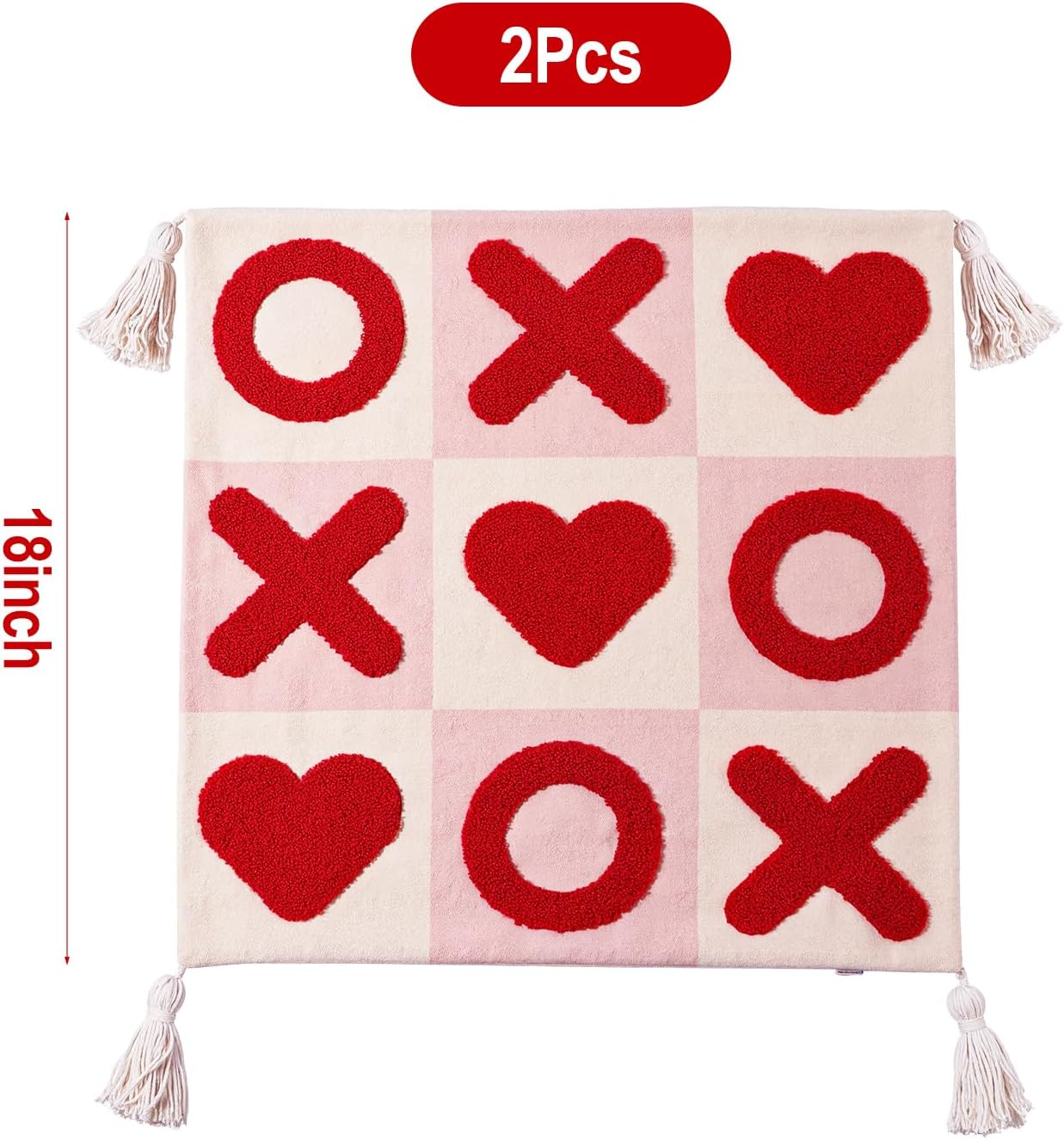 Valentines Day Decor Pillow Covers 18x18, 2pcs Red White XOXO Valentine Decorative Throw Pillowcases with Tassels, Romantic Cushion Covers for the Home Living Room Couch Sofa Bed Party Supplies