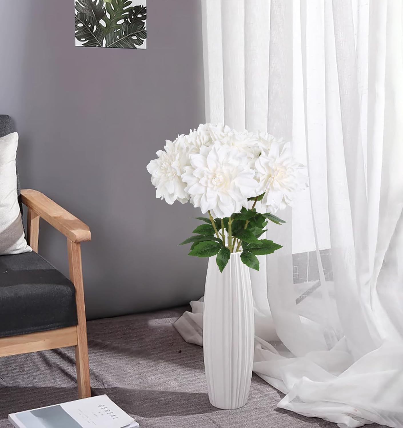 White Dahlia Artificial Flowers,6PCS Faux Dahlia Flowers 23.62" Fake Silk Flowers with Stems for Wedding Party Home Decorations(White) - Image 2