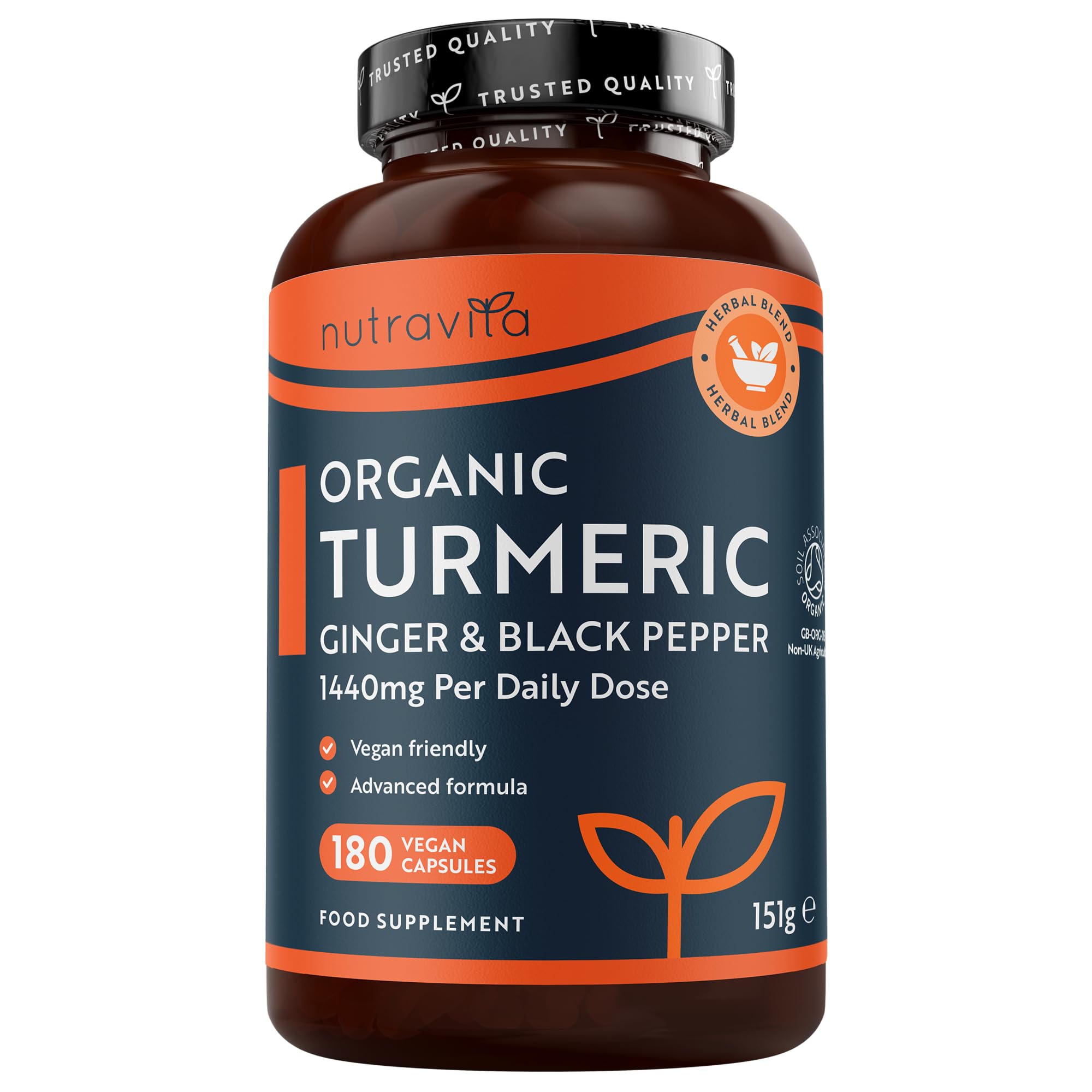 Nutravita Bio Kurkuma Kapseln 1440 mg, schwarzem Pfeffer & Ingwer - 180 vegane Kurkuma Kapseln Hochdosiert (3-Monats-Lieferung) - Curcumin - Bio von Soil Association - 144mg Curcuma Pulver pro Dosis