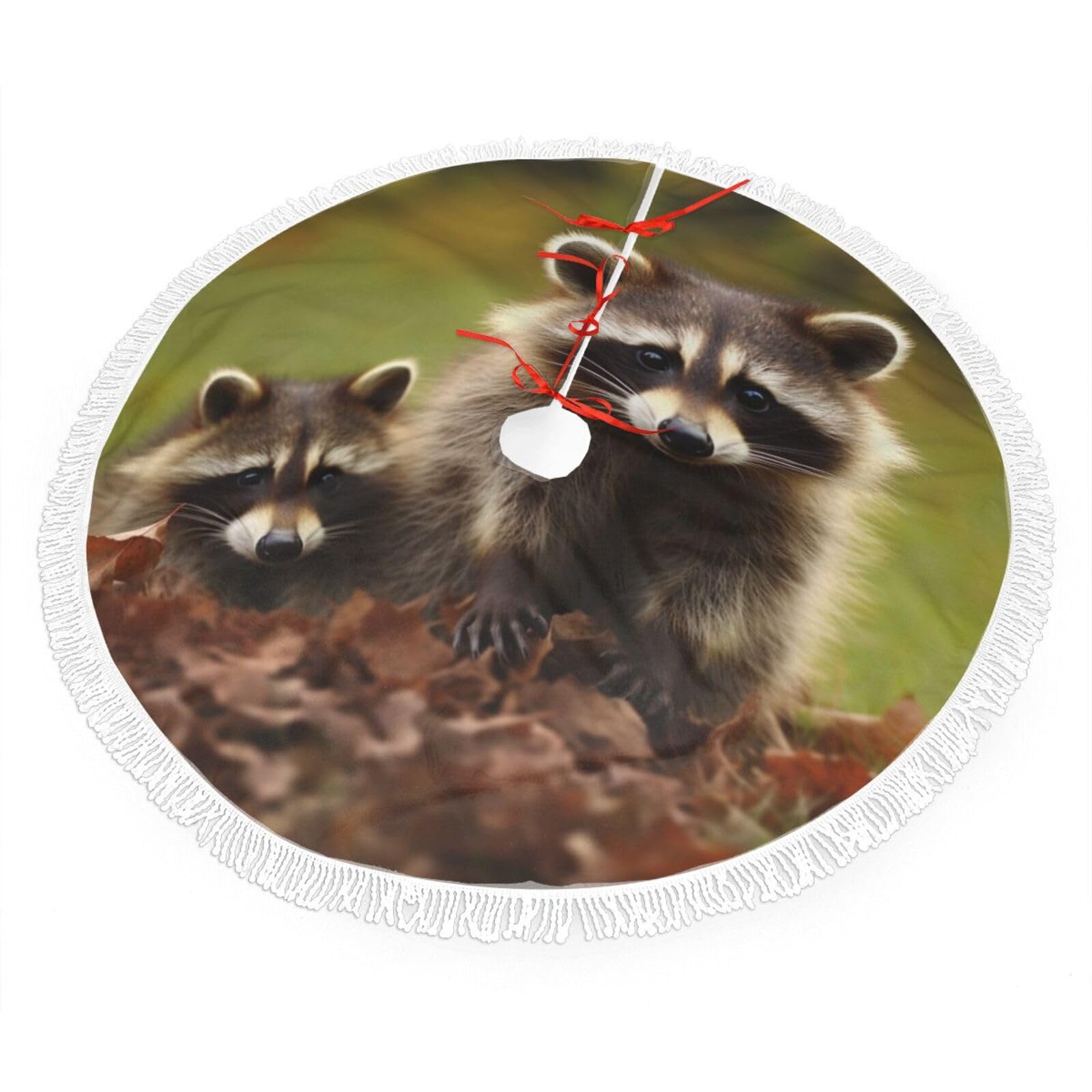 Raccoon Christmas Tree Skirt 48", Soft Plush Xmas Tree Carpet with Tassel Christmas Ornaments Winter Holiday Tree Mat Decoration for Home Party Supplies