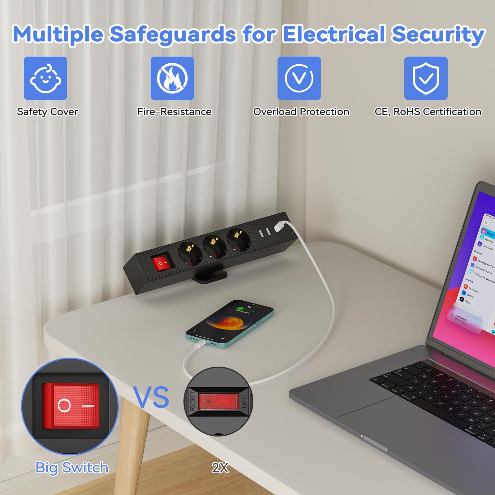 Prise De Table Avec USB C (PD 20W), Multiprise 8 En 1, Bureau