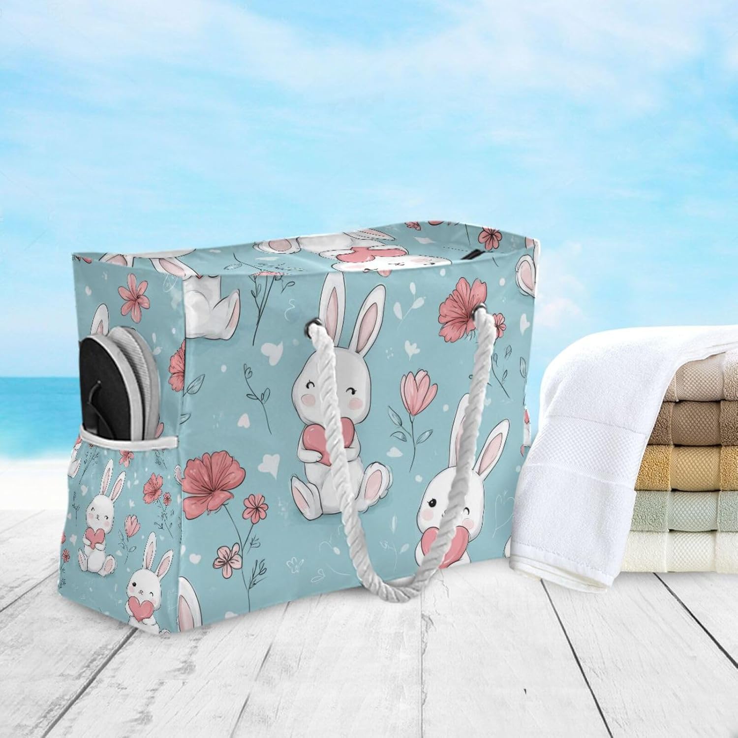 OTVEE Cute Rabbit with Heart Pattern Beach Bags for Women Ladies Large Canvas Tote Shoulder Bag Waterproof Travel Bags for Gym Swim Pool Camping