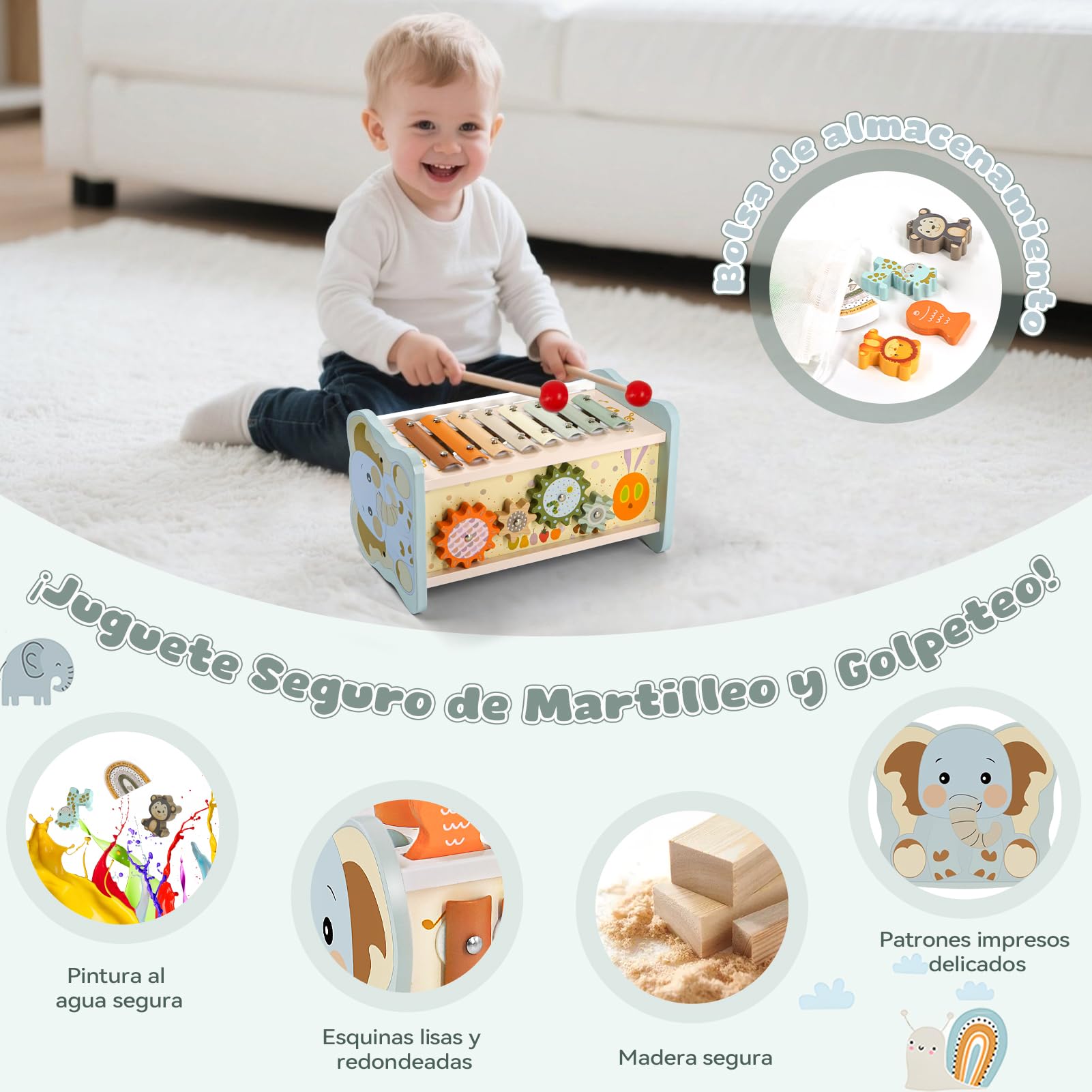 Juguetes Montessori 1 Años, 6 en 1 Juguetes Niños 1 Año, Juguetes Madera con Martillo, Xilofono Bebe, Juego de Pesca, Juegos Sensoriales Educativos Regalo Niño Niña 1 2 3 Años Cumpleaños Navidad