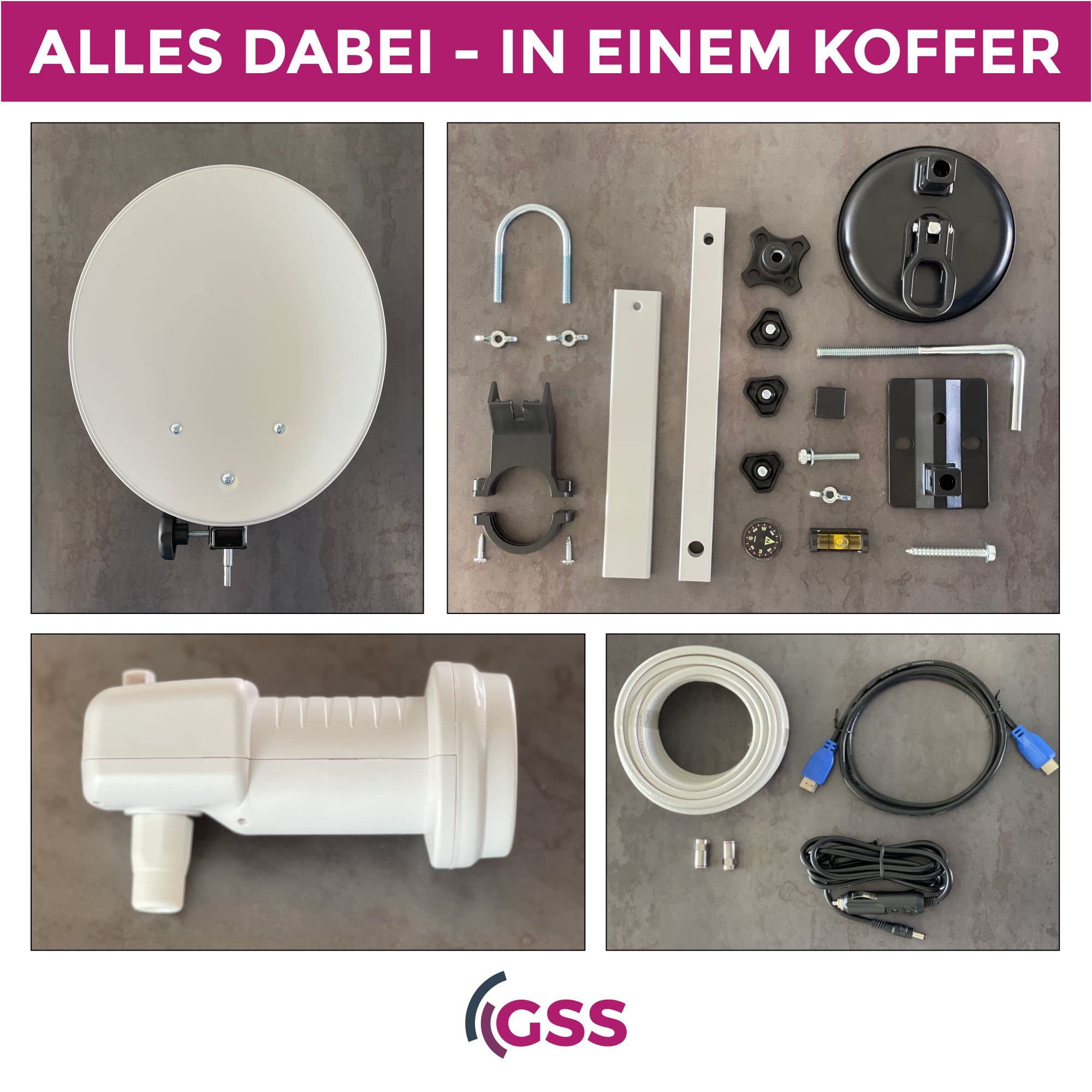 GSS Camping 35 cm Satellitenschüssel Komplettset mit Single LNB im Koffer, Sat Anlage Komplett Antenne, Wohnwagen, Wohnmobil, Camping TV, Mini Anlage, Satellitenschüssel klein