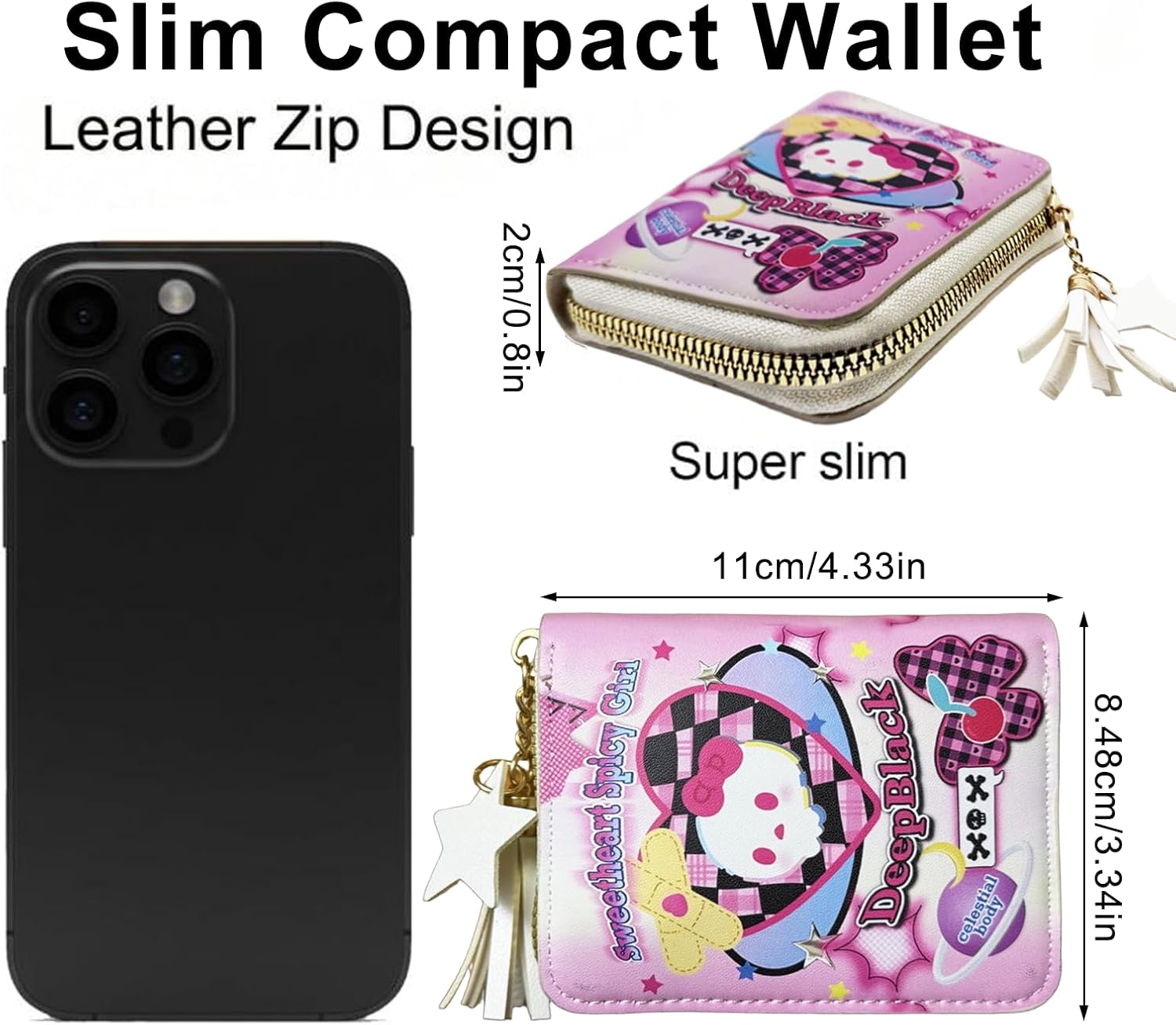 Keychain Wallet for Women, Zipper Wallet Card Slots, Credit Card Holder Mini Wallet with Sweetheart Skull Cute Wallet with Star Tassels and Acrylic Pendant Charms