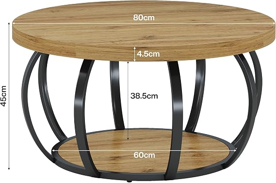 Tribesigns Round Coffee Table, Industrial 2-Tier Circle Coffee Table with Storage Shelves, Modern Wooden Accent Center Table Sofa Side Table for Living Room, Wooden Grain and Black