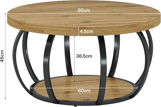 Tribesigns Round Coffee Table, Industrial 2-Tier Circle Coffee Table with Storage Shelves, Modern Wooden Accent Center Table Sofa Side Table for Living Room, Wooden Grain and Black