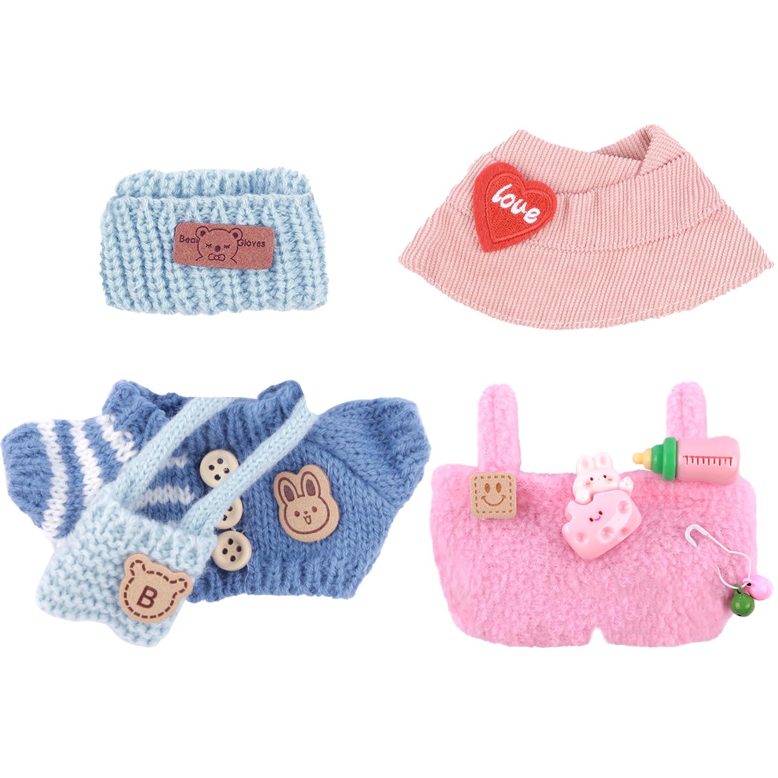 17cm Doll Clothes, 2 Sets of Clothes for Doll Accessories for Doll 6.7in/17cm Outfits Knit Hat+Knit T-Shirt+Bag + Sun Hat+Bib Pants（Blue + Pink）