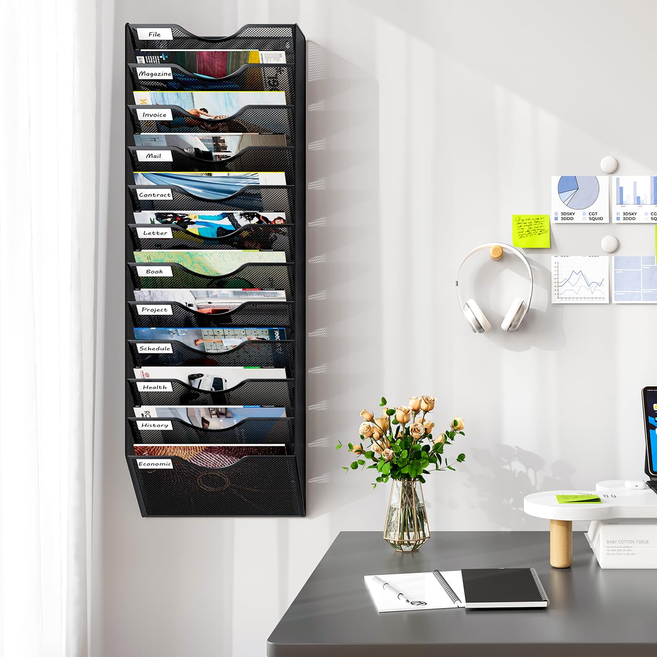 12 Fächern Hohe Kapazität Document Wand Organizer Hängend.Hohe Qualität Metall Zeitschriftenhalter Wand für Büro/Studium/Zuhause,Schwarz
