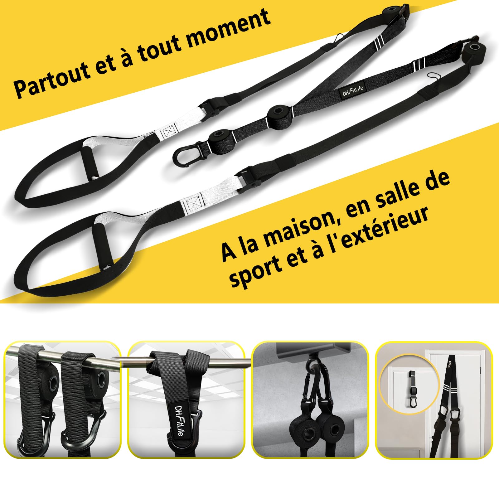 DH FitLife Sangle de Suspension pour tout le corps, Kit d'entraînement pour la musculation et l'entraînement à domicile, résistance corporelle pour la maison et les déplacements