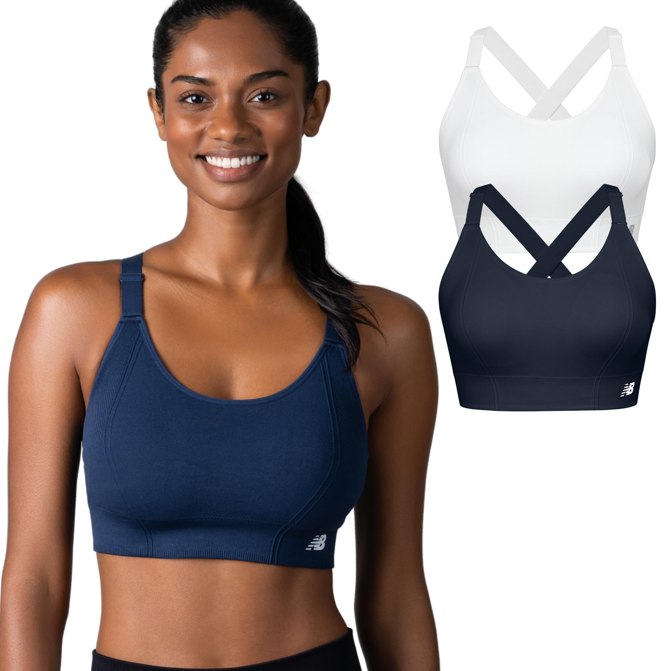 New Balance 2 Pack Ladies Sports Bra, Sostén Deportivo, Adjustable Straps, Seamless Wirefree, Sea Salt/Navy, S