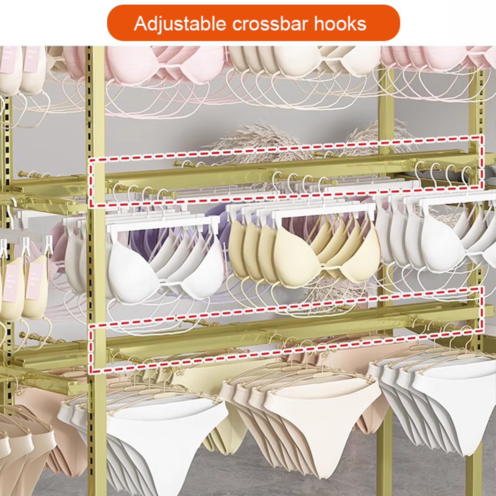 Espositore Regolabile a Doppia Faccia per Biancheria Intima, Appendiabiti in Metallo da Pavimento per Negozi di Lingerie e Sciarpe.
