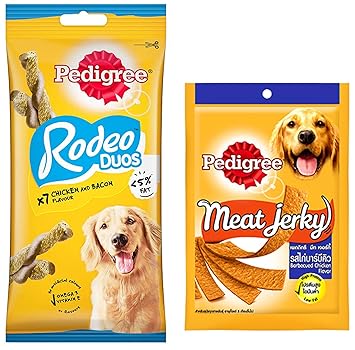Pedigree Rodeo Duos Adult Dog Treat, Chicken & Bacon - 123 g Pack (7 Treats) & Pedigree Adult Dog Treat Sticks Meat Jerky Stix, Barbeque Chicken, 80 g Pouch