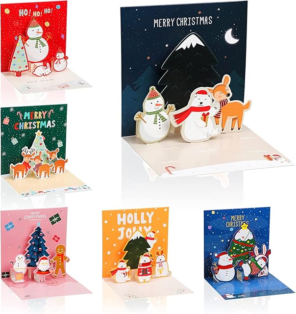 3D Christmas Cards with Envelopes and Stickers 6 Pack Funny Merry Xmas Cards Luxury Seasonal Cute Santa Gingerbread Man Snowman Reindeer Happy Christmas Greeting Card for Kids Friend Family Lover Gift