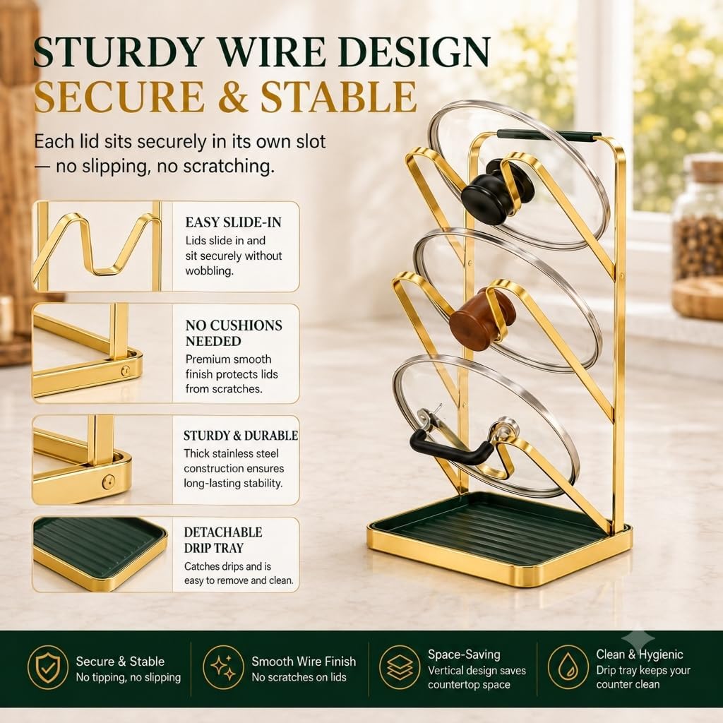 Spoon Rest with Lid Holder, 3-Tier Pot Lid Holder While Cooking, Countertop Organizer with Detachable Drip Tray, Pot Cover Rack for Stove Top, Gold/Dark Green