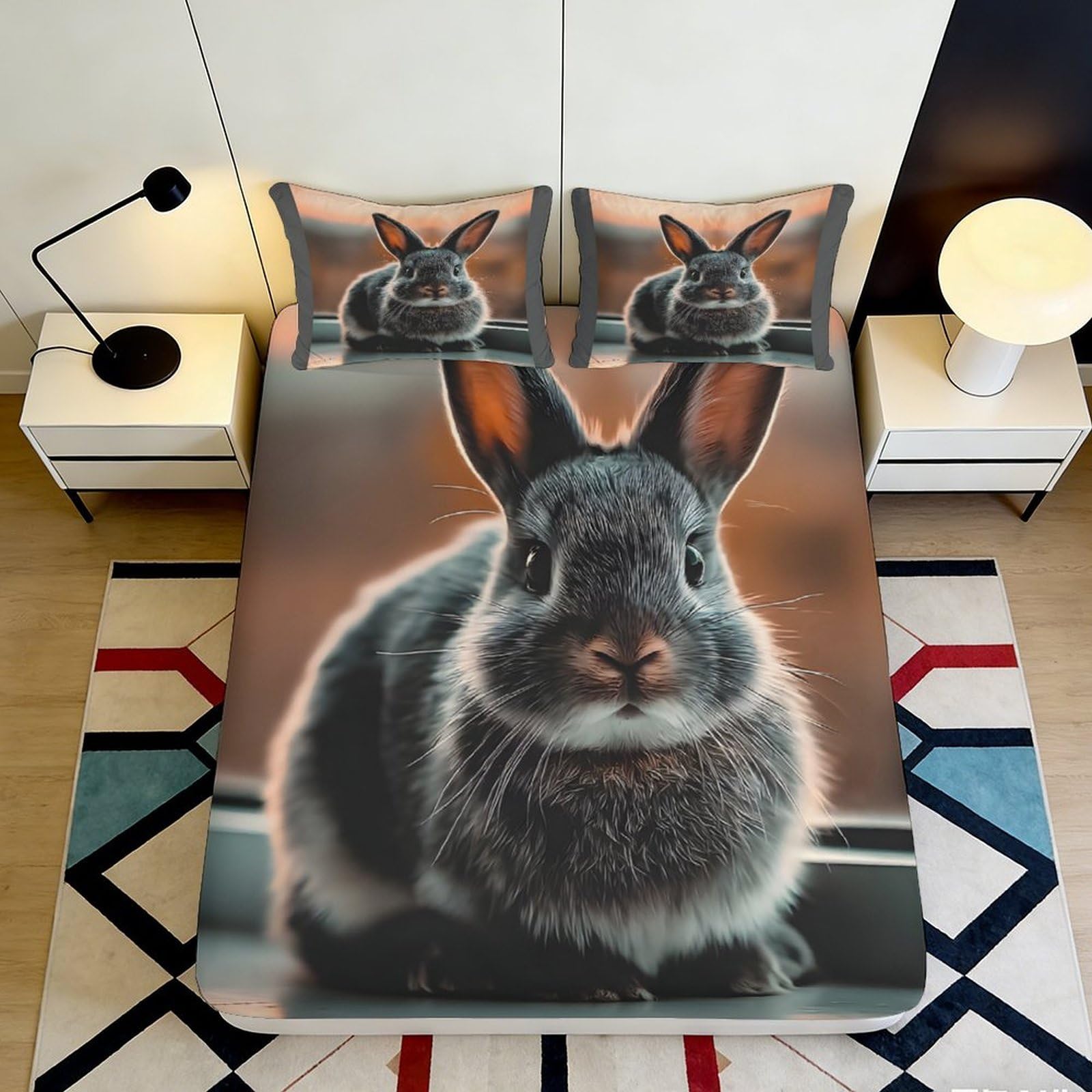 3D Printed Bunny Rabbit Fitted Sheet Microfiber Soft Anti-Slip Bed Cover for Bedroom Guest Room Decor Easy Care 90x200x25cm
