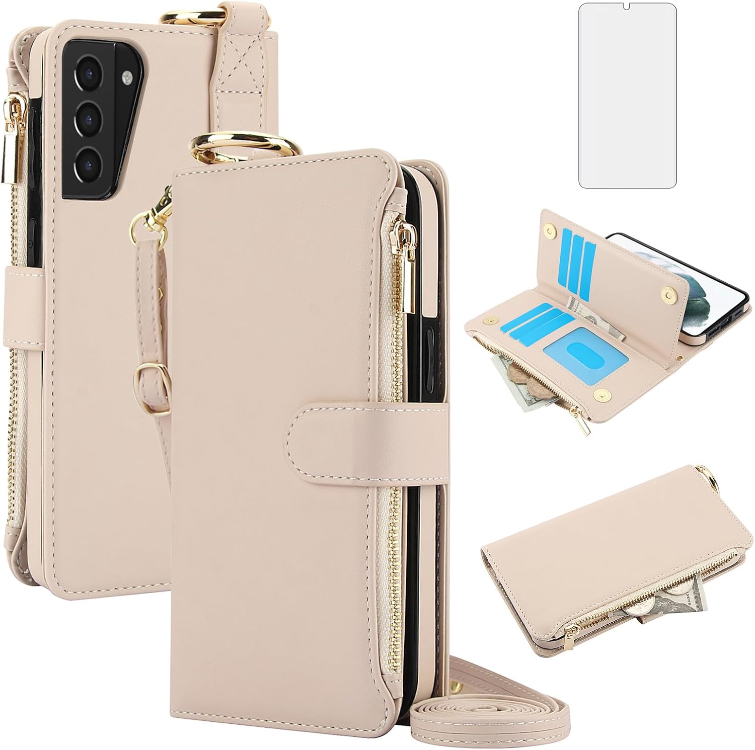 Asuwish Phone Case for Samsung Galaxy S21 Plus S21+ 5G Zipper Wallet with Tempered Glass Screen Protector Strap Card Holder Stand Cell Cover S21+5G S21plus 21S + S 21 21+ G5 Women Girls Apricot