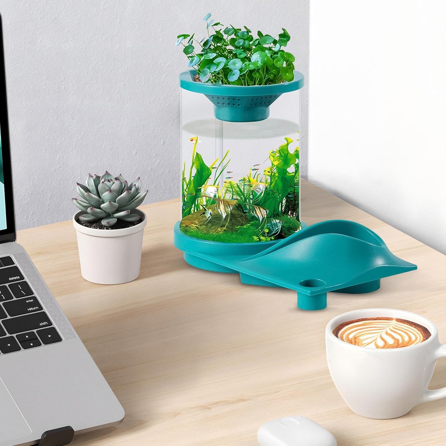 Small Aquaponic Tank, Desktop Betta Fish Tank, Translucent Silent Fish Tank, Self-sustaining Fish Tank with Aquarium Aquaponic Ecosystem for Fish Store, Home, Workplace, Apartment