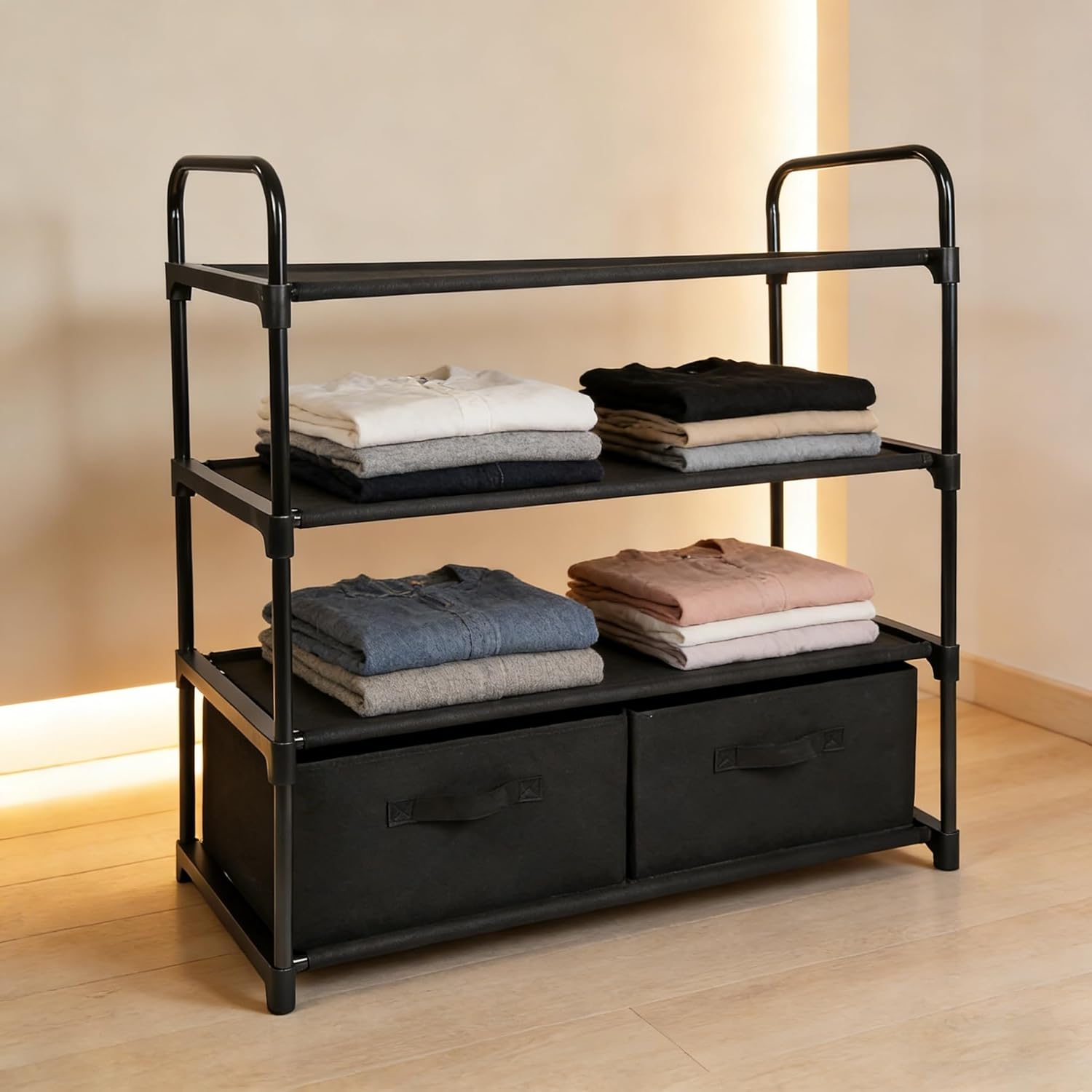 4-Shelf Closet Storage Organizer with 2 Fabric Bins, Metal Frame, Space-Saving Wardrobe Solution,Black