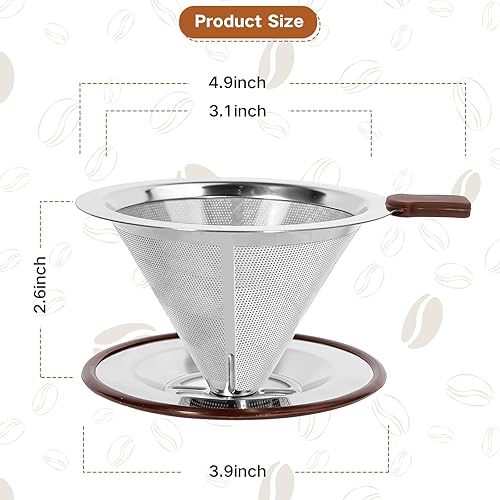 Miniatura 7 de Pour Over Coffee Gotero, filtro de café reutilizable de acero inoxidable con cono de goteo, filtro de micro malla ultra fino doble, máquina