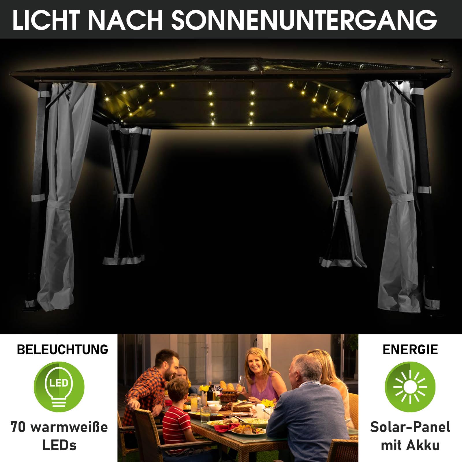 BRAST® Alu Pavillon Summerdream | viele Modelle & Farben | Größen 3x3m 3x4m | Moskitonetz + LEDs | TÜV geprüft | wasserdicht | UV-Schutz | festes Dach | 3x4m Grau LEDs