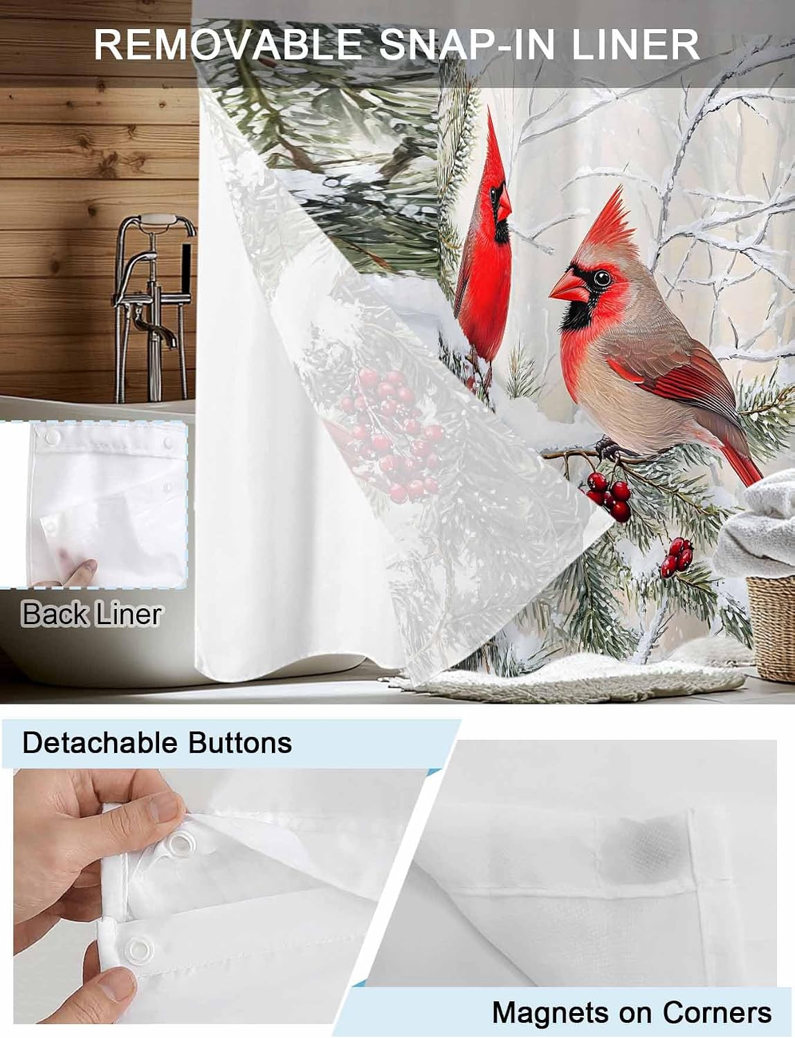 No Hook Shower Curtain, Christmas Red Birds Stall Bathroom Curtains with Snap in Liner, Winter Holiday Pine Branches Snowflake Waterproof Washable Fabric Shower Curtain Set, 48" x 72"