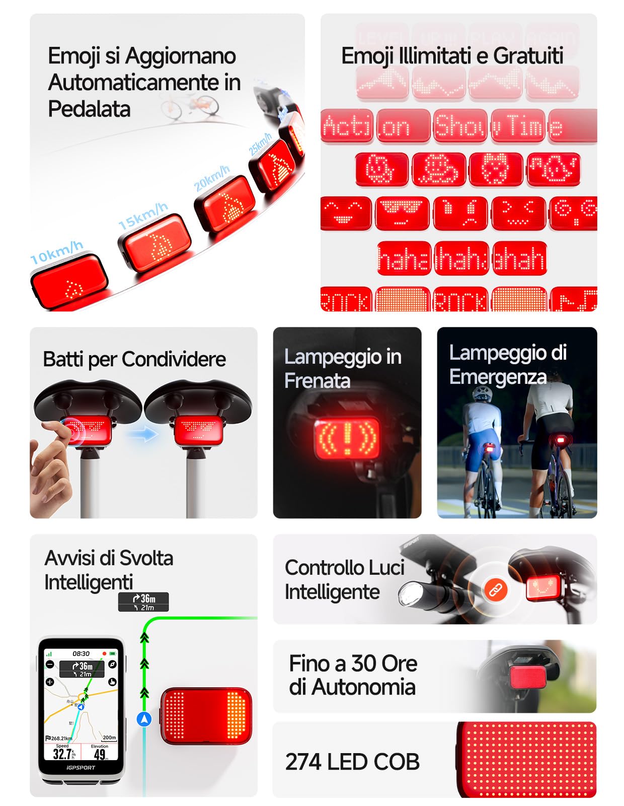 iGPSPORT ET6 Luce Posteriore Bici di Espressione,Sensore Freno | Visibile fino a 1,2 km, Accensione/Spegnimento Automatico, Avviso di Svolta, IPX7, Connessione con il Ciclocomputer iGPSPORT