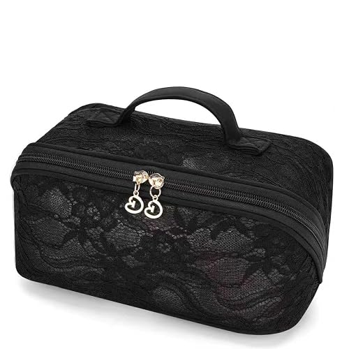 Bely King 2026 New Makeup Bag for Women Girls,Lace Large Capacity Cosmetic Bag,Open Flat Travel Toiletry Bag,Hollow Out Makeup Organizer Bag With Divider and Handle(Black)