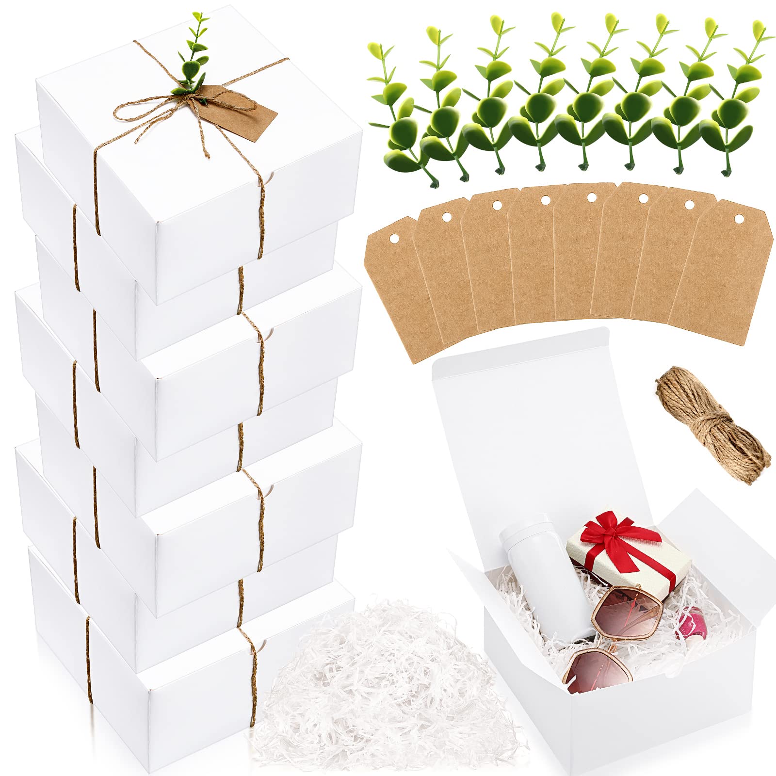 Photo 1 of Crtiin 26 Pcs Gift Boxes Set 8 Bridesmaid Proposal Boxes 8 x 8 x 4in Wedding Gift 8 Kraft Paper Gift Tag 8 Eucalyptus Leaves Stems 1 Paper Shred Filler 1 Twine Rope for Birthday Gift(White, White)