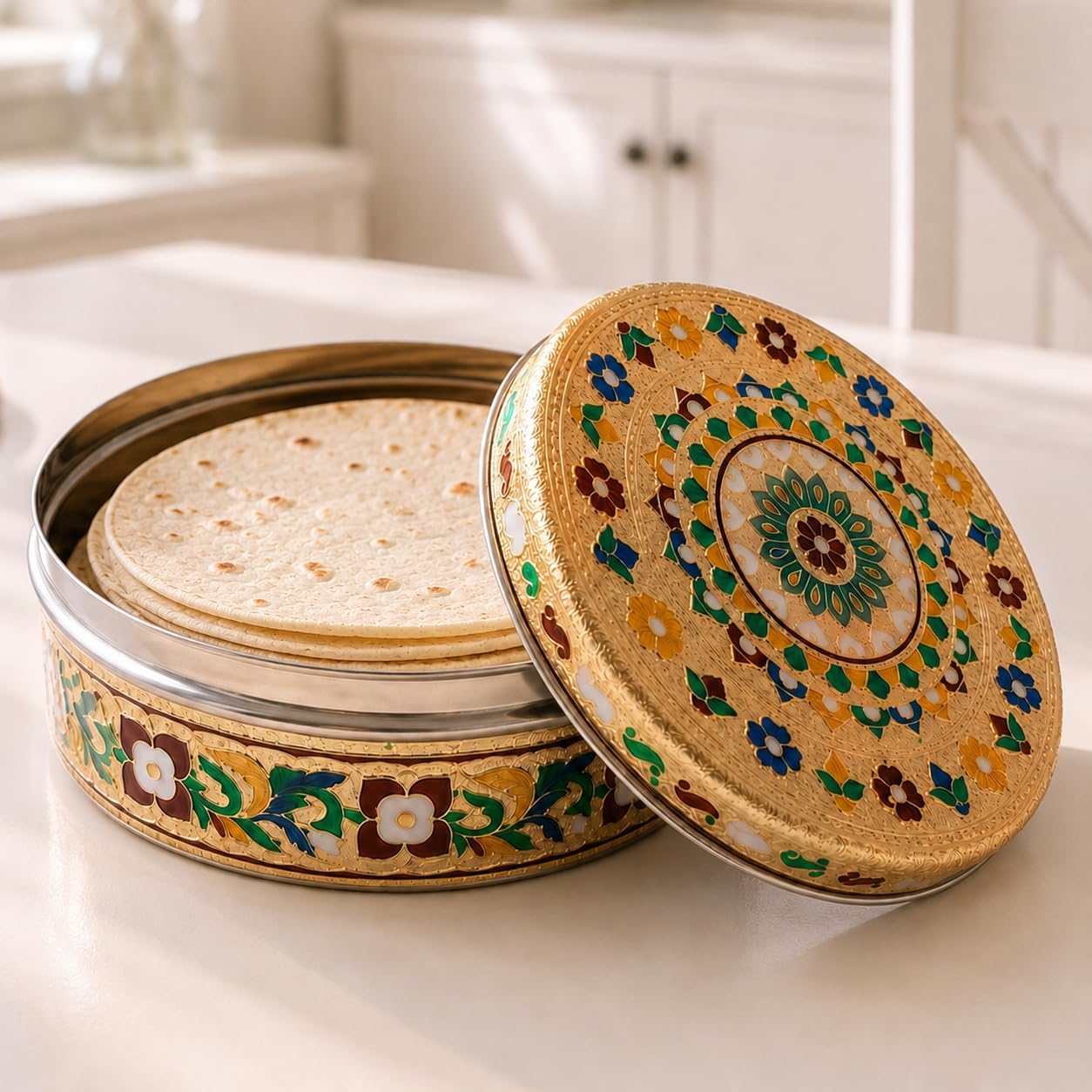LOVENSPIRE Stainless Steel Tortilla Warmer with Lid (7.5 Inch) Handcrafted Meenakari Design Holder for Taco Night, Mexican Party, Bread & Naan Server, Decorative Kitchen Gift Pack of 1