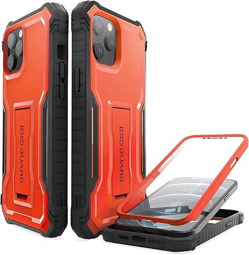 ExoGuard Funda para iPhone 12, compatible con iPhone 12 Pro, funda de goma a prueba de golpes, protector de pantalla integrado con soporte para