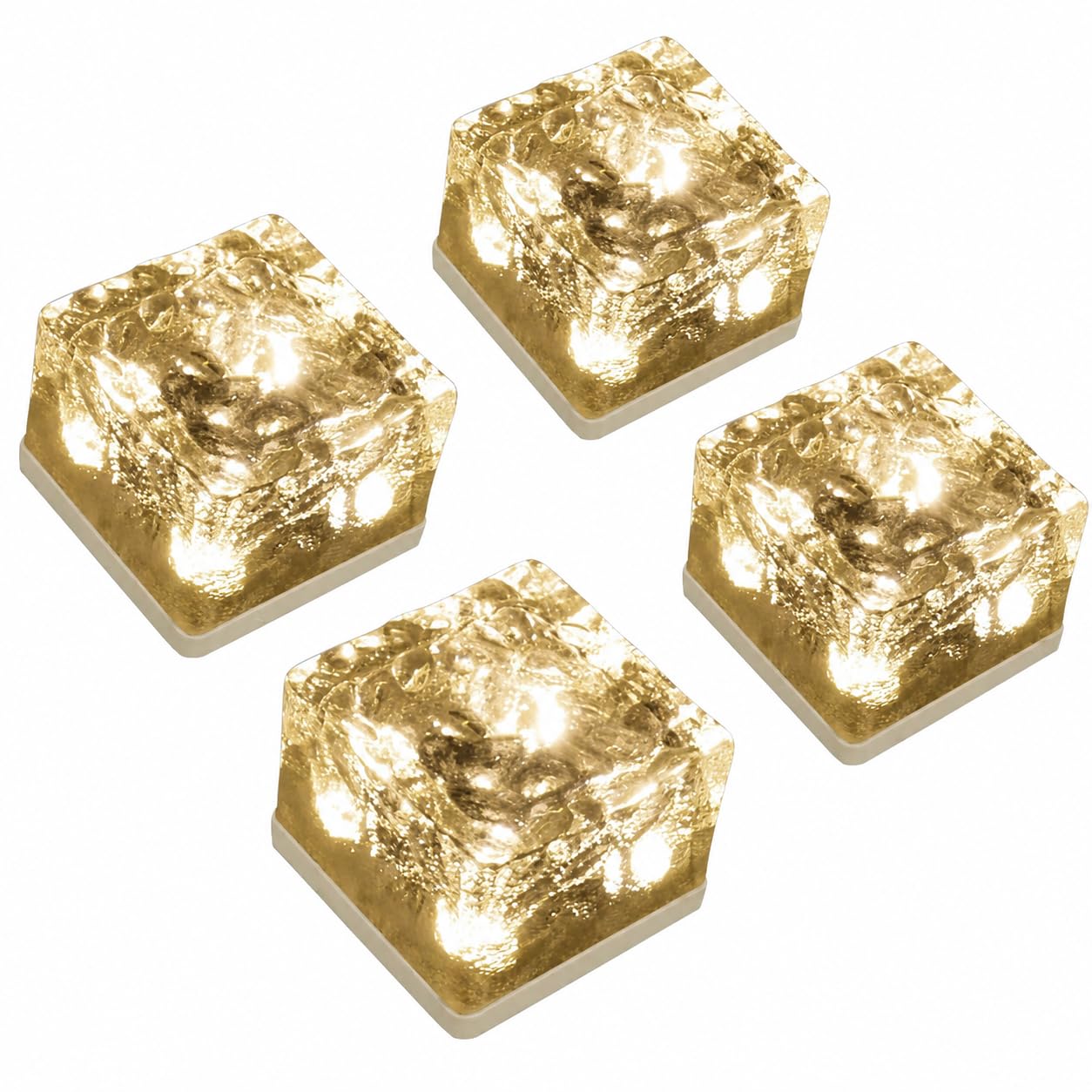 GWSOLAR Solar Ground Lights 4 Pack, Champagne Gold LED, 7cm Brick Ice Glass Design, Auto On/Off, IP65 Waterproof Outdoor Garden Lights for Pathway, Patio, Deck & Tabletop