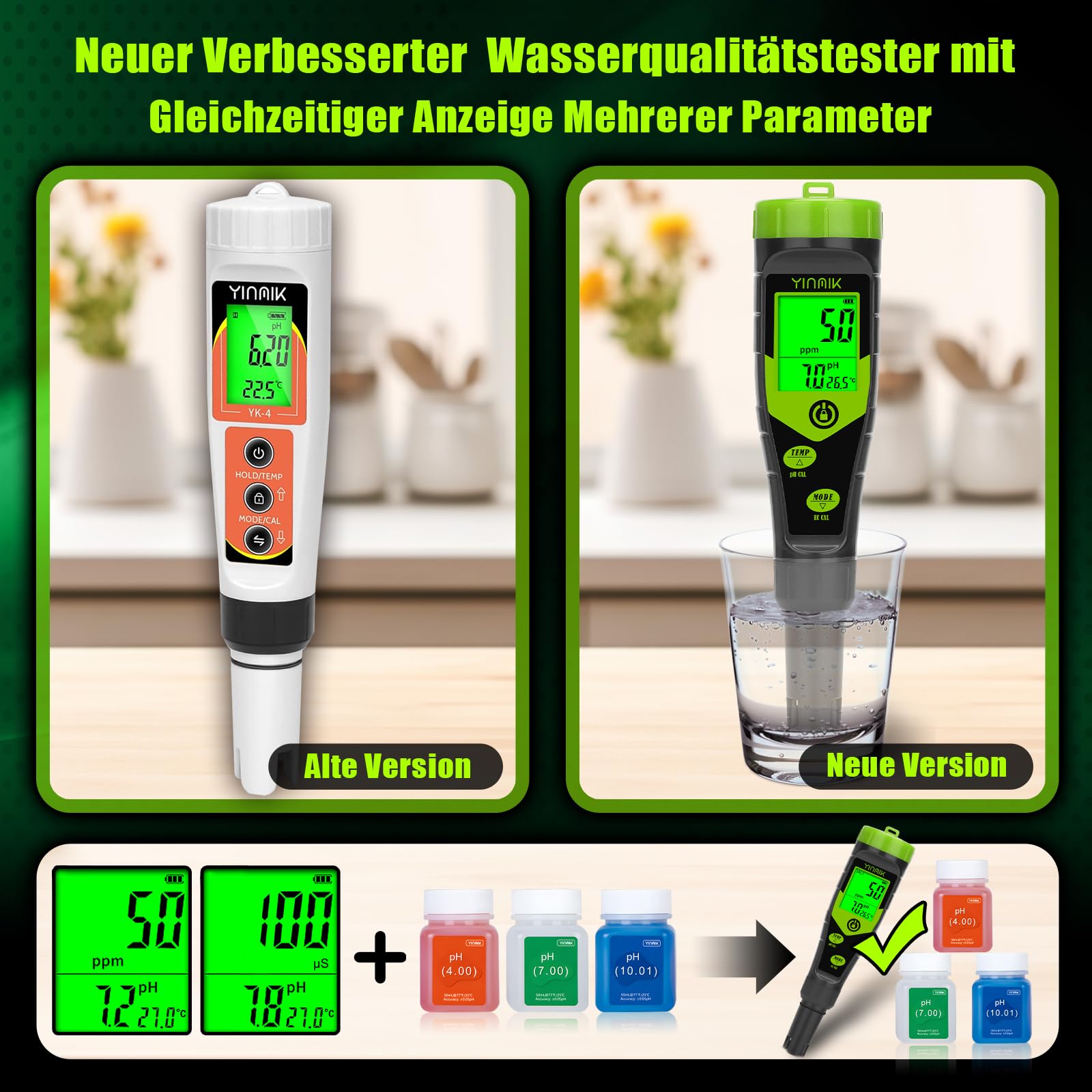 YINMIK pH EC Messgerät Pool pH Tester 4 in 1 Leitfähigkeitsmessgerät PPM Tester Gleichzeitige Messung von pH, EC, Temperatur und TDS für Wasser, Aquarium, Bierherstellung, Hydroponik