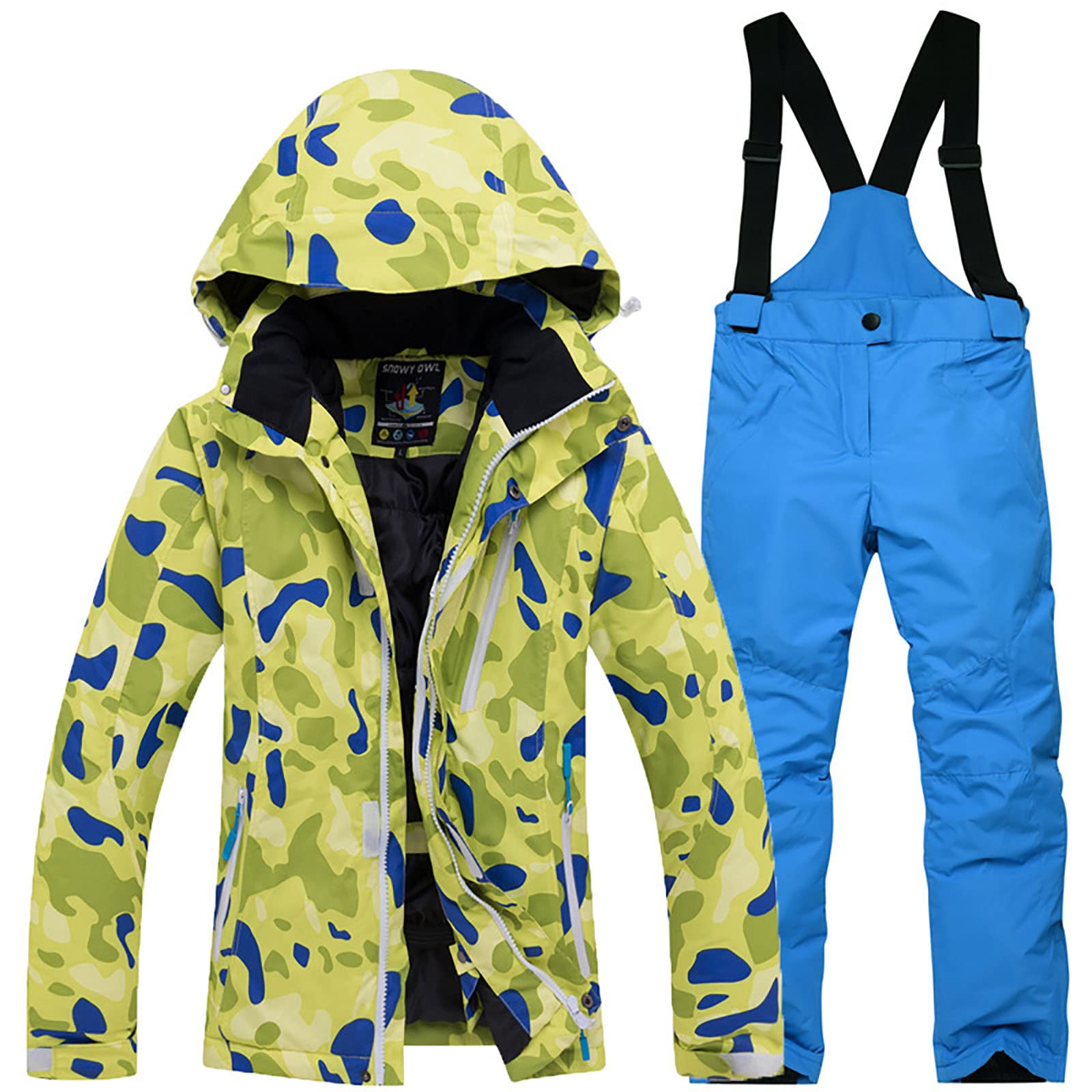 Dziecięcy zielony moro kombinezon śnieżny wodoodporny snowboard kurtka narciarska zestaw spodnie młodzieżowy płaszcz super ciepły zimą, niebieski, 2XL (160 cm 48 kg)