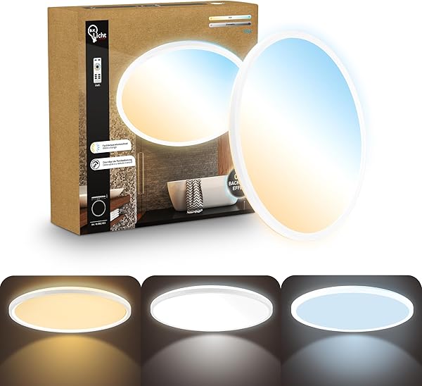 B.K.Licht - LED Deckenlampe, Flach, Dimmbar, Indirektes Licht, CCT warmweiß bis tageslichtweiß, IP44, Panel, Deckenleuchte, Kinderzimmer, Wohnzimmerlampe, Badezimmer Lampe, 42x3 cm, Weiß - 1
