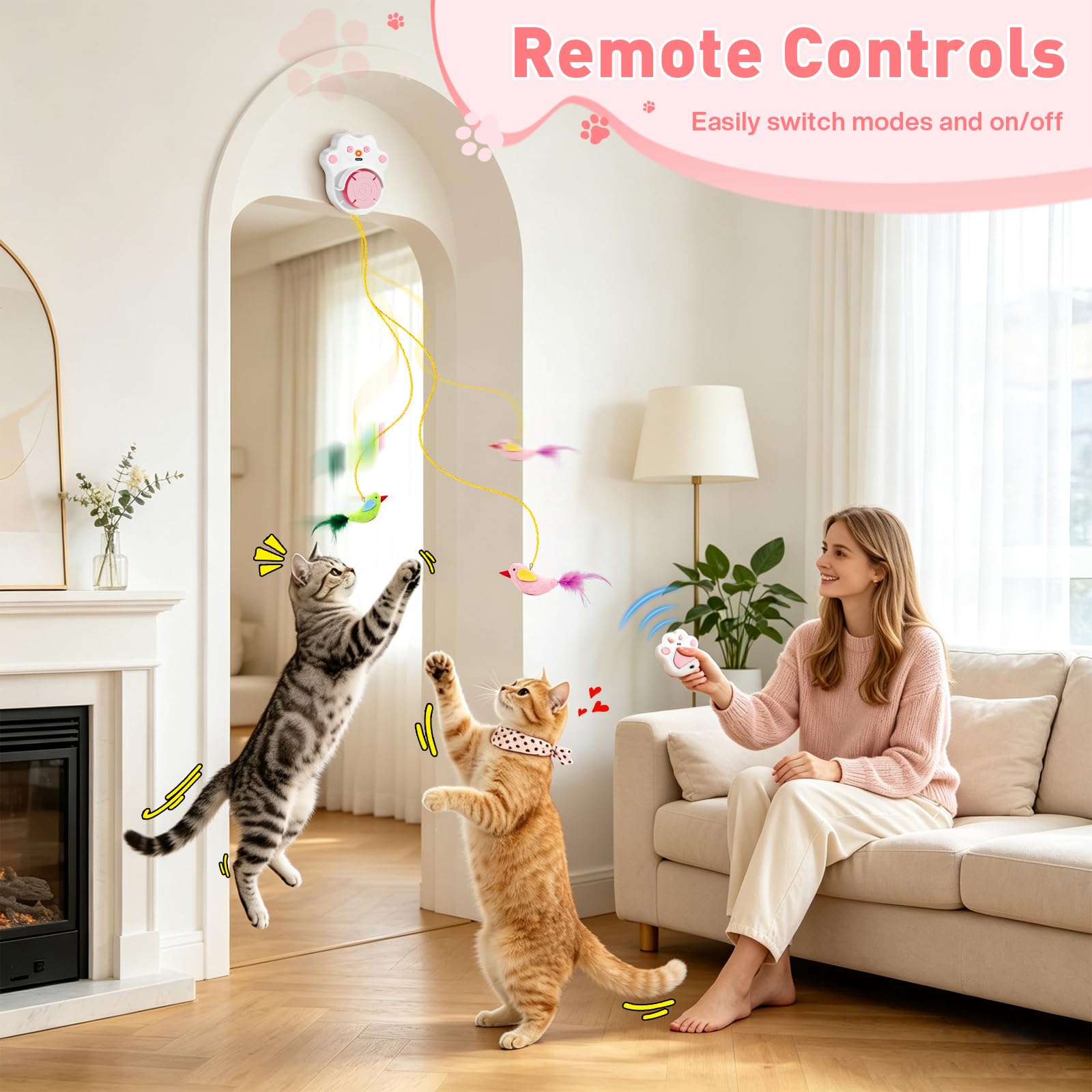 DoubleCare Juguetes interactivos para gatos de interior, juguete automático de plumas de pájaro volador para gatitos aburridos y gatos adultos, manos libres o de mano, rosa