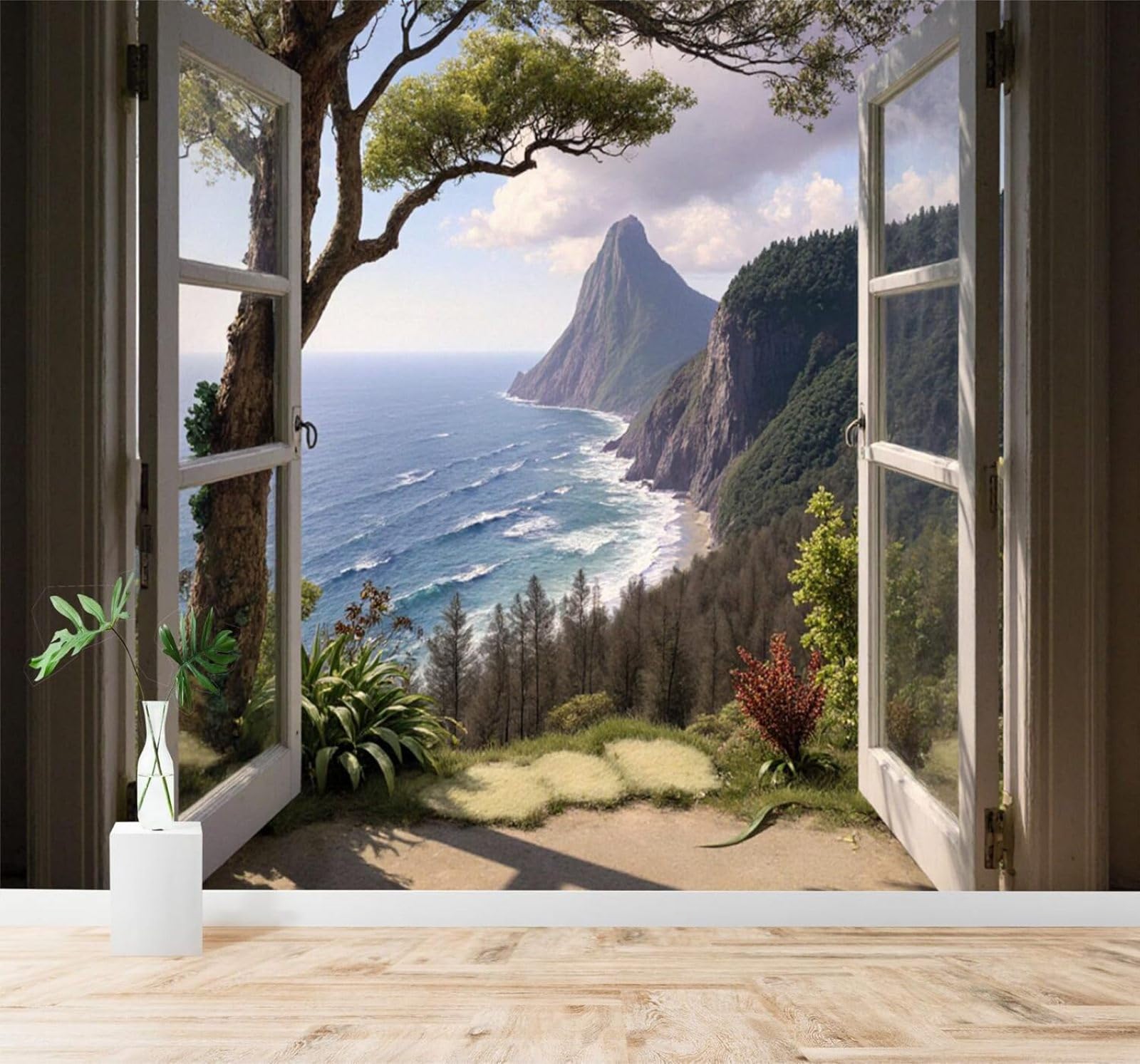 XLMING Three Dimensional Window Seascape Cliff Green Trees 3D Wallpaper Silky Texture Home Study Office Grey Dining Room Sofa Bedroom Living Room TV Backdrop-250cm×170cm