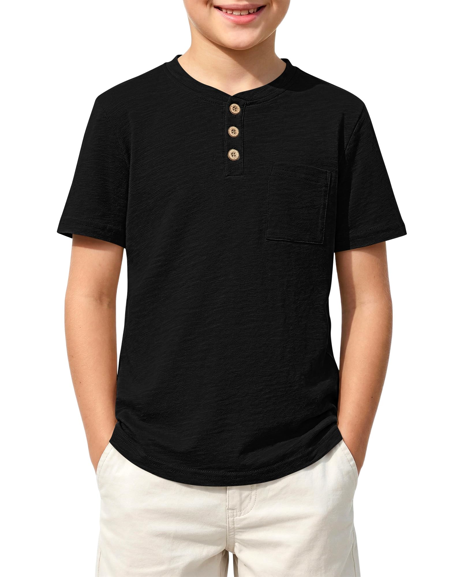 Jungen T-Shirt für Baumwolle Sommer Kurzarm mit Knopfleiste und Brusttasche einfarbig lässig für täglich