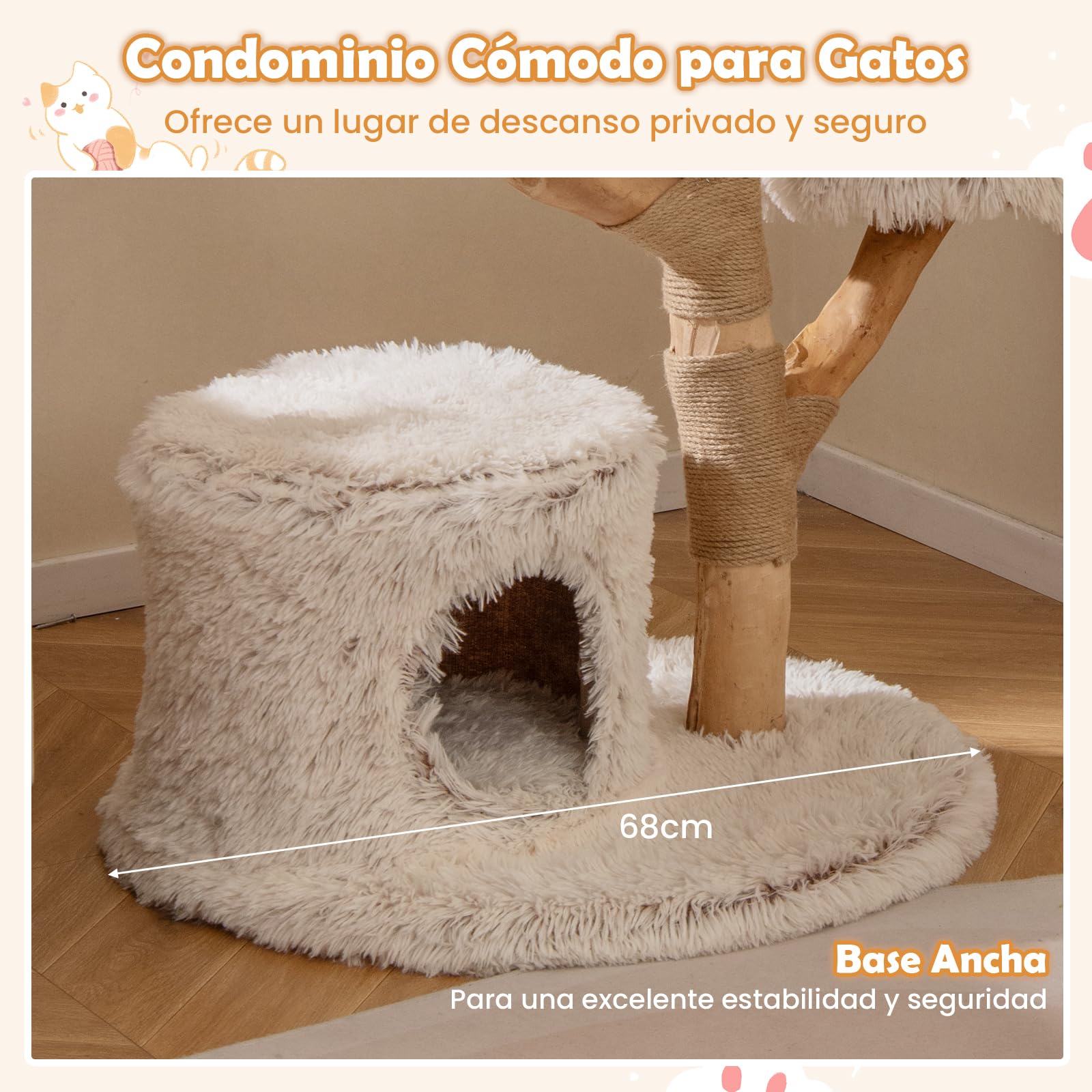 COSTWAY Árbol para Gatos Moderno de Madera Maciza, 102 cm Torre Gatos Rascador Acolchado con Felpa Extra Suave, Rascador para Gatito, 3 Plataformas, Poste de Yute, Nido, Bola Colgante, Blanco