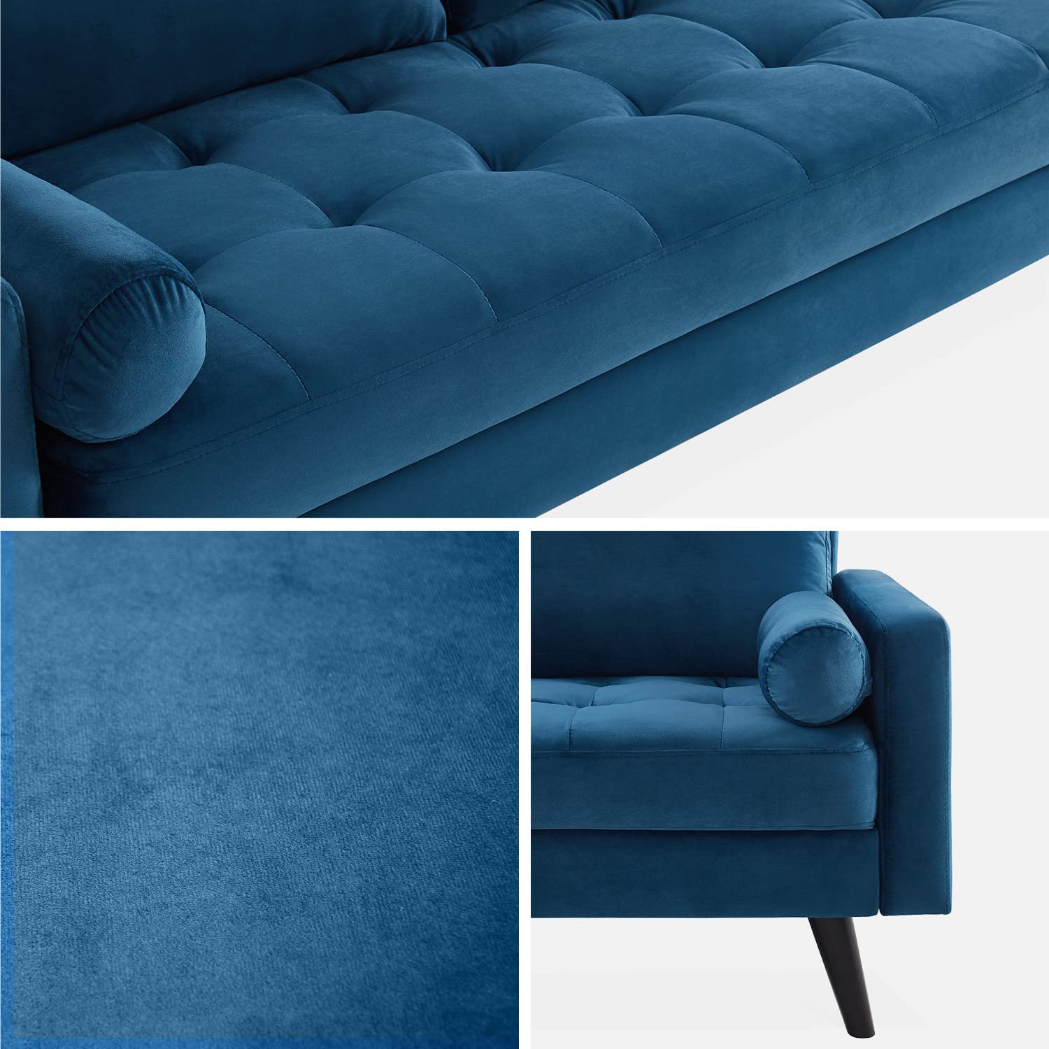 Alice's Garden sweeek-Sofá Estilo escandinavo de Terciopelo con Patas de Madera, 3 plazas Azul Marino - 177x85.5x69.5 cm