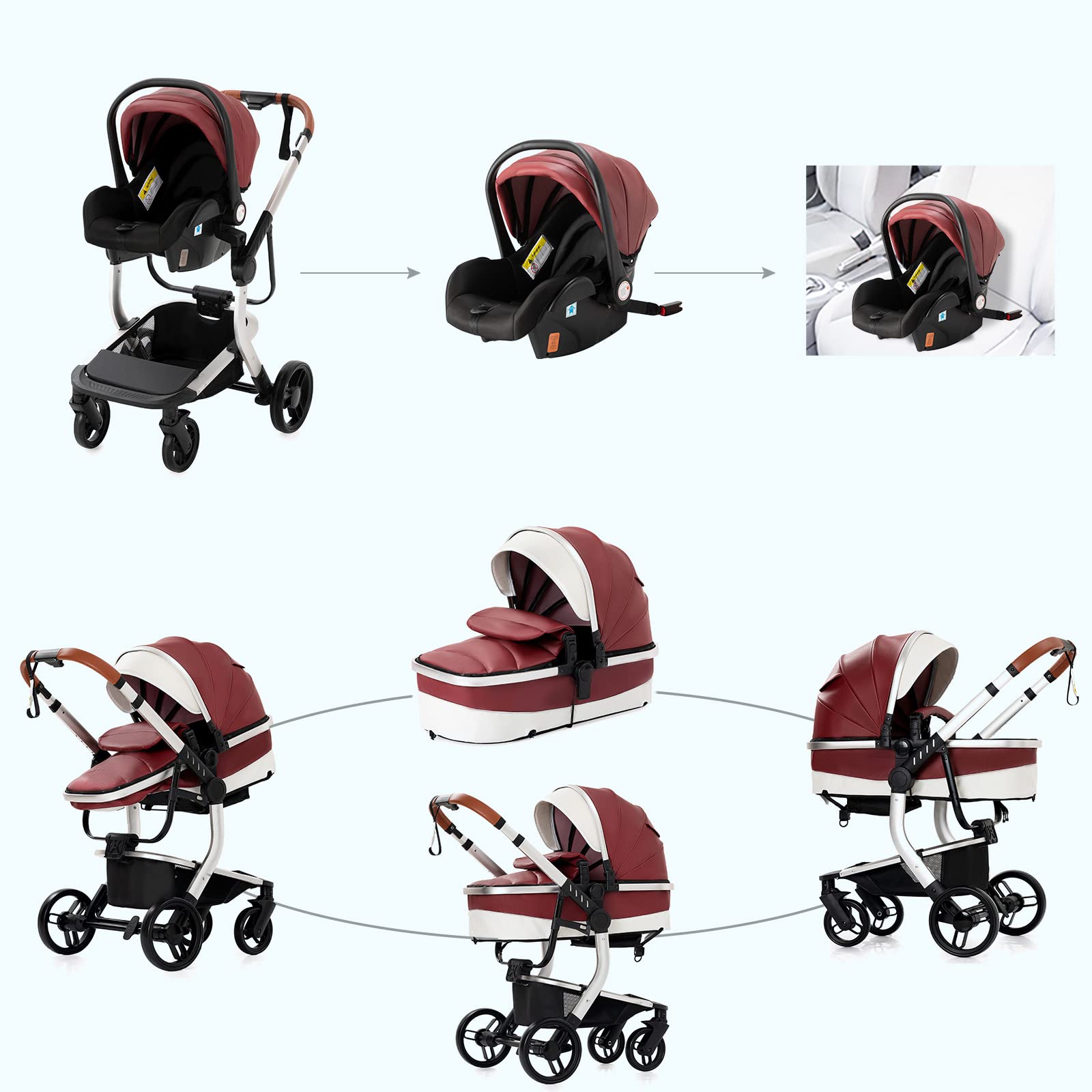 Magic ZC Carrito Bebe 3 en 1, Carro de Bebe 3 Piezas con Empuje Reversible de Dos Vías, Carrito con Diseño Portátil Plegable de Un Clic, Cochecito 3 Piezas con Accesorios (rojo 518)