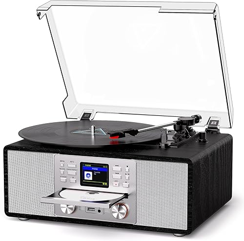 Reproductor de discos de vinilo Bluetooth con CD y radio por Internet, grabación USB, tocadiscos vintage de 3 velocidades con transmisión por correa