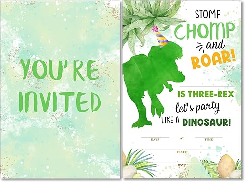 Soiceu Lindas invitaciones para fiesta de cumpleaños de dinosaurio de tres Rex con sobres, juego de 20 invitaciones para fiesta de tercer cumpleaños