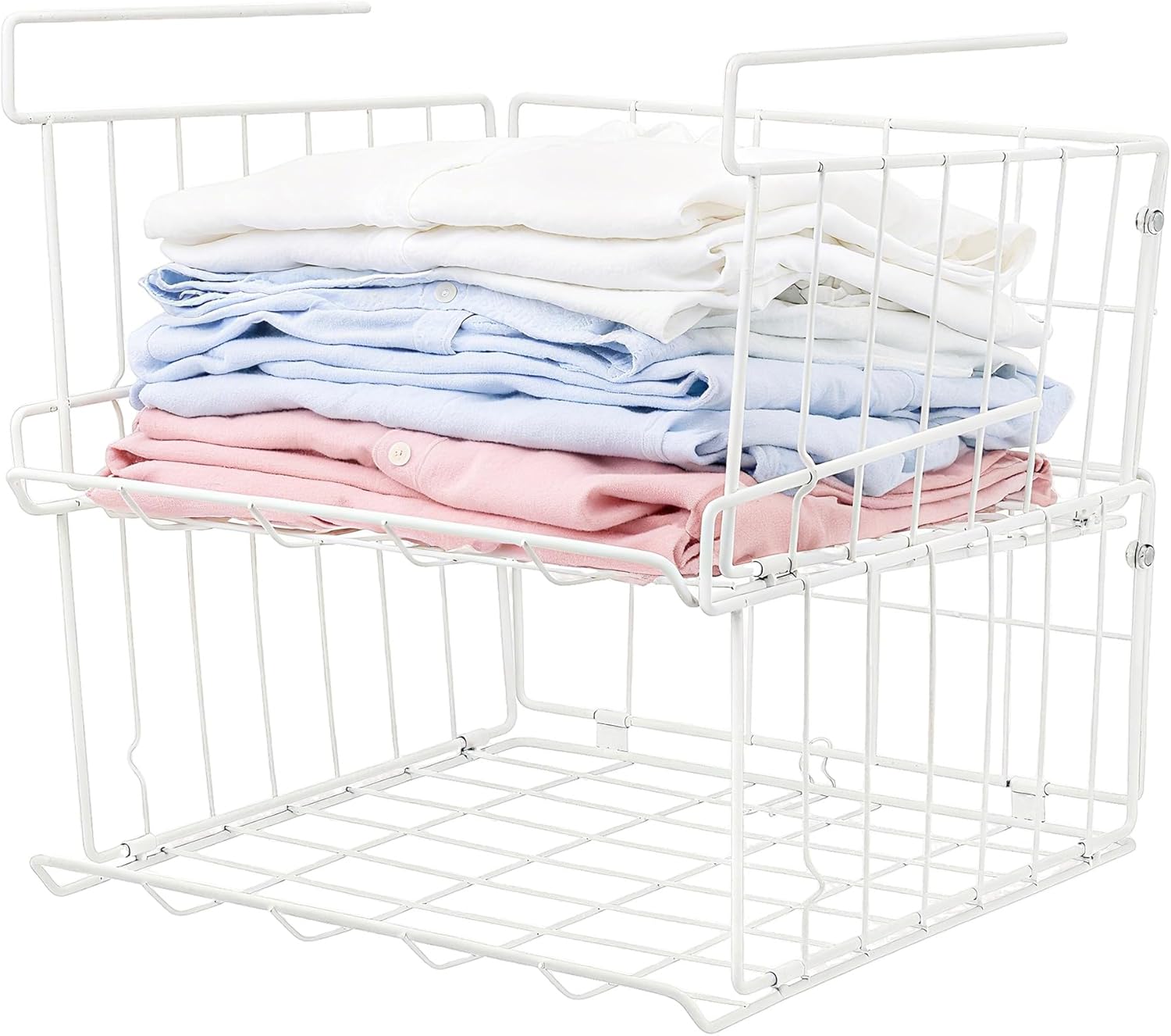 Stackable Hanging Under Shelf Storage Baskets, Foldable Wire Storage Baskets Organiser for Kitchens, Cabinets, Shelves, Desks, Cupboards, Pantries, Bathrooms and Offices, White, (Pack of 2)