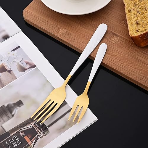 Miniatura 6 de JASHII Juego de cubiertos martillados modernos de acero inoxidable con mango dorado y blanco, decoración de lujo, servicio para 4, pulido espejo,