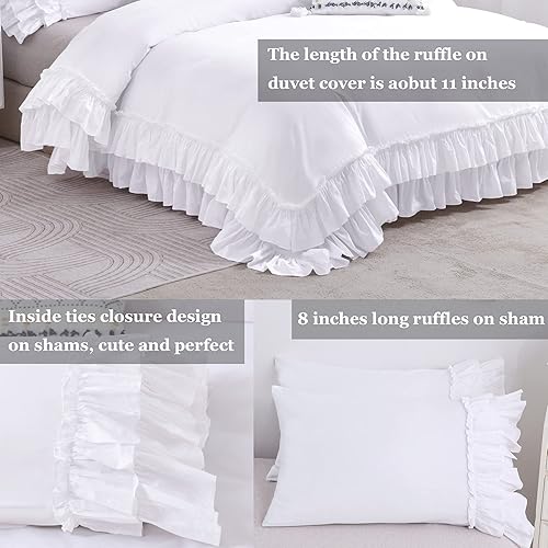 Miniatura 4 de QSH Funda de edredón blanca con volantes, de algodón lavado, tamaño King, ropa de cama con volantes desgastados, estilo granja, elegante, 3 piezas