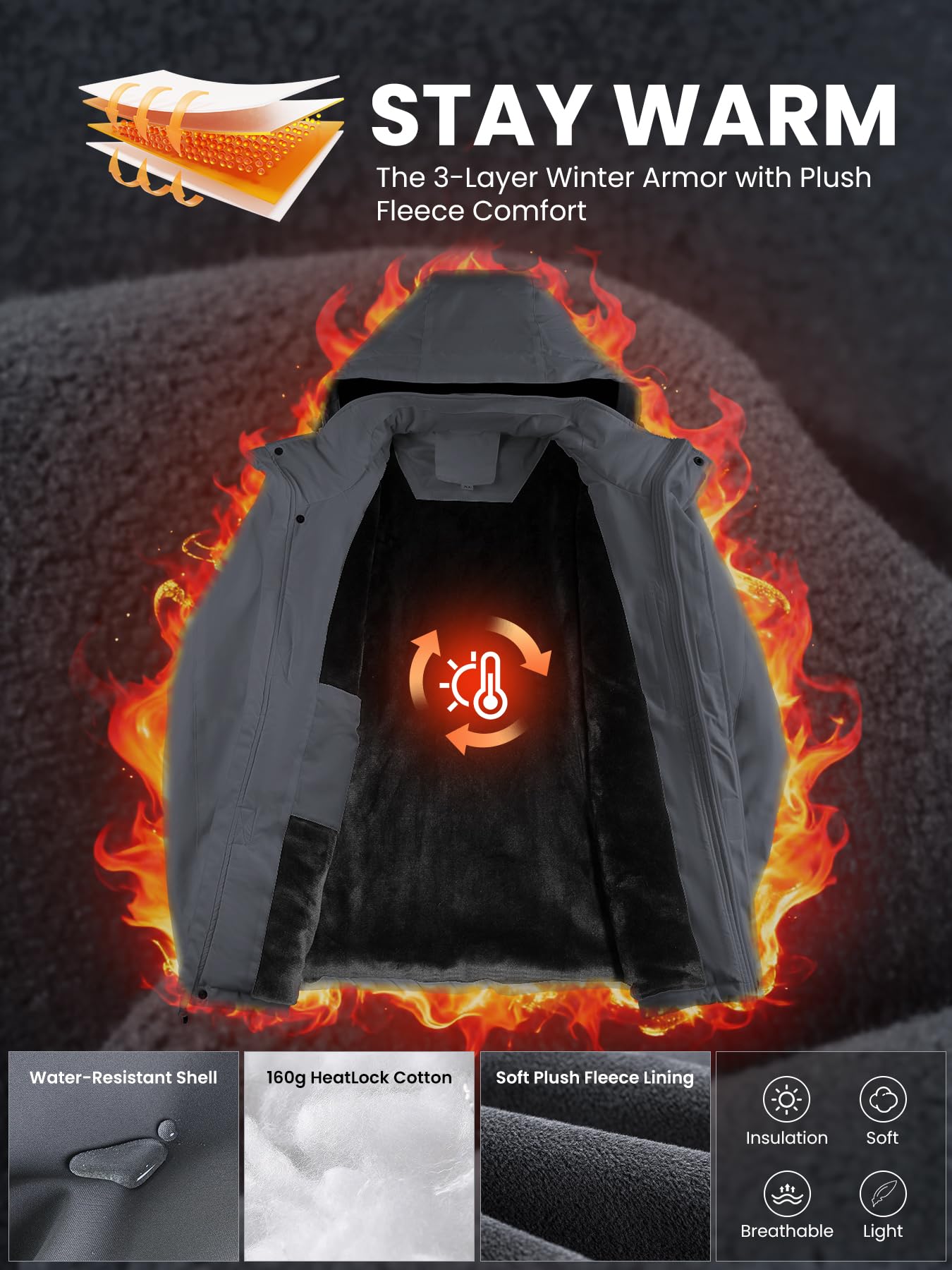 Winterjacke Herren Warm Fleece Gefüttert SkiJacke wasserdichte winddichte atmungsaktive Jacke mit Fleecefutter abnehmbare Kapuze dicke Softshelljacke