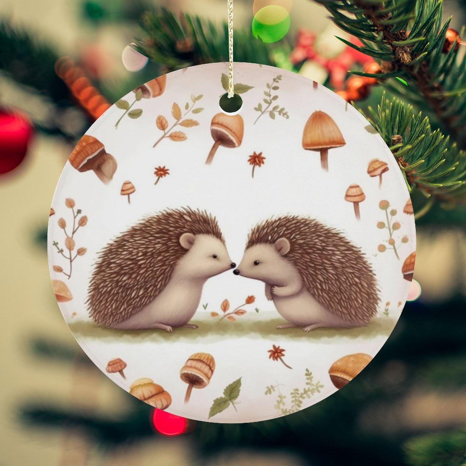 Nature Lovely Hedgehog Lovers Christmas Ornament for Christmas Tree Ceramic Round Ornament Winter Holiday Keepsake Gift 2.7" Christmas Tree Hanging Decorations Circle Ceramic Pendant Xmas Gift