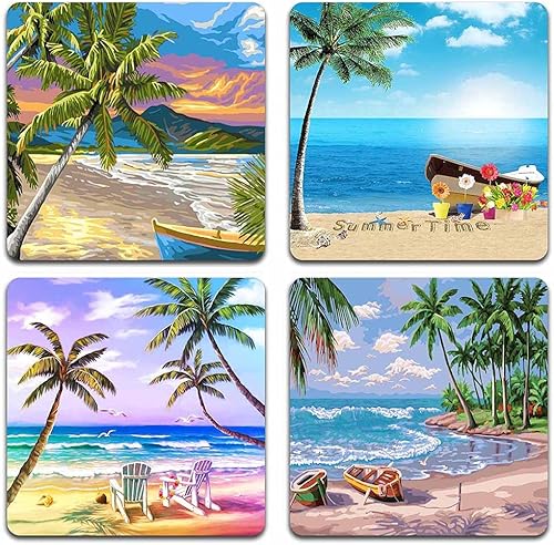 Juego de 4 posavasos cuadrados con diseño de árbol de coco de playa, hecho de tela de poliéster y goma reciclada